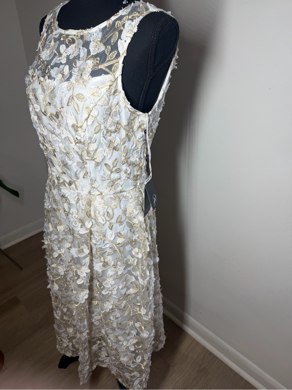 Adrianna Papell Ivory Midi Dress with Gold Floral Embroidery - Picture 5 of 10